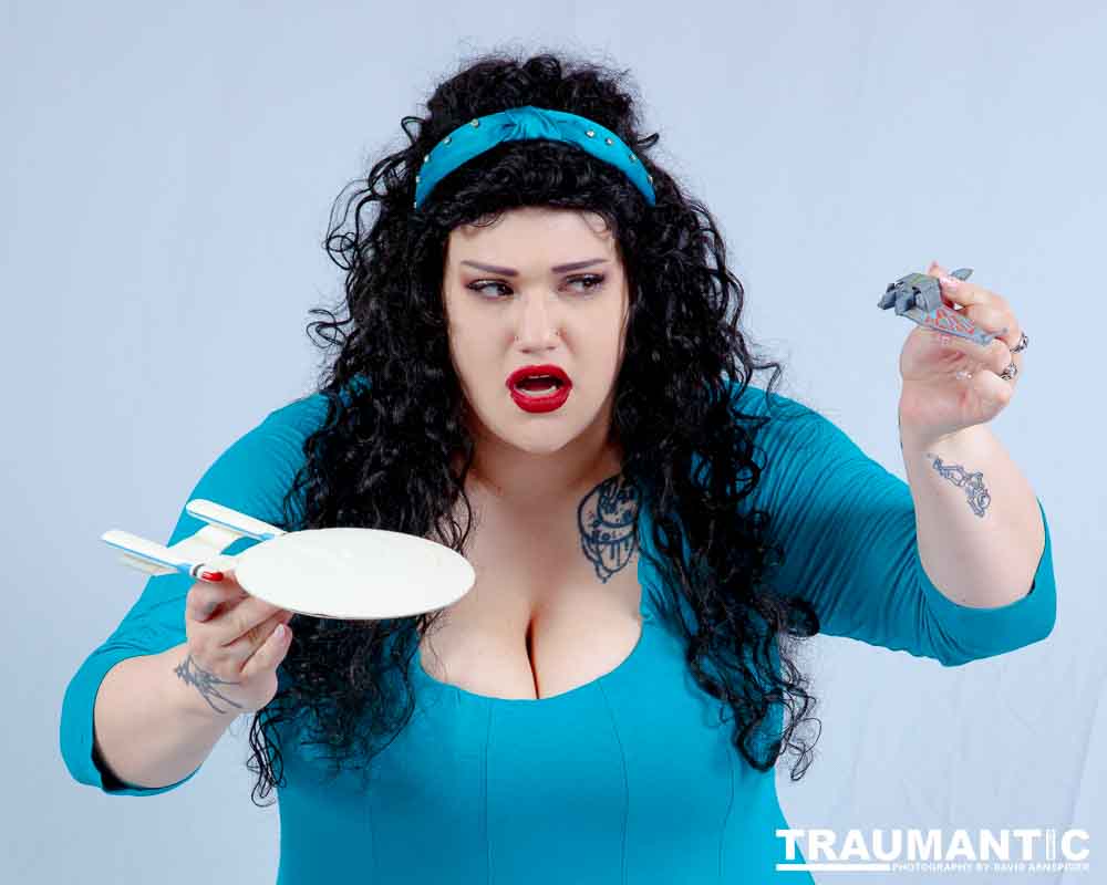 Dorian cosplaying as Deanna Troi from Star trek TNG.